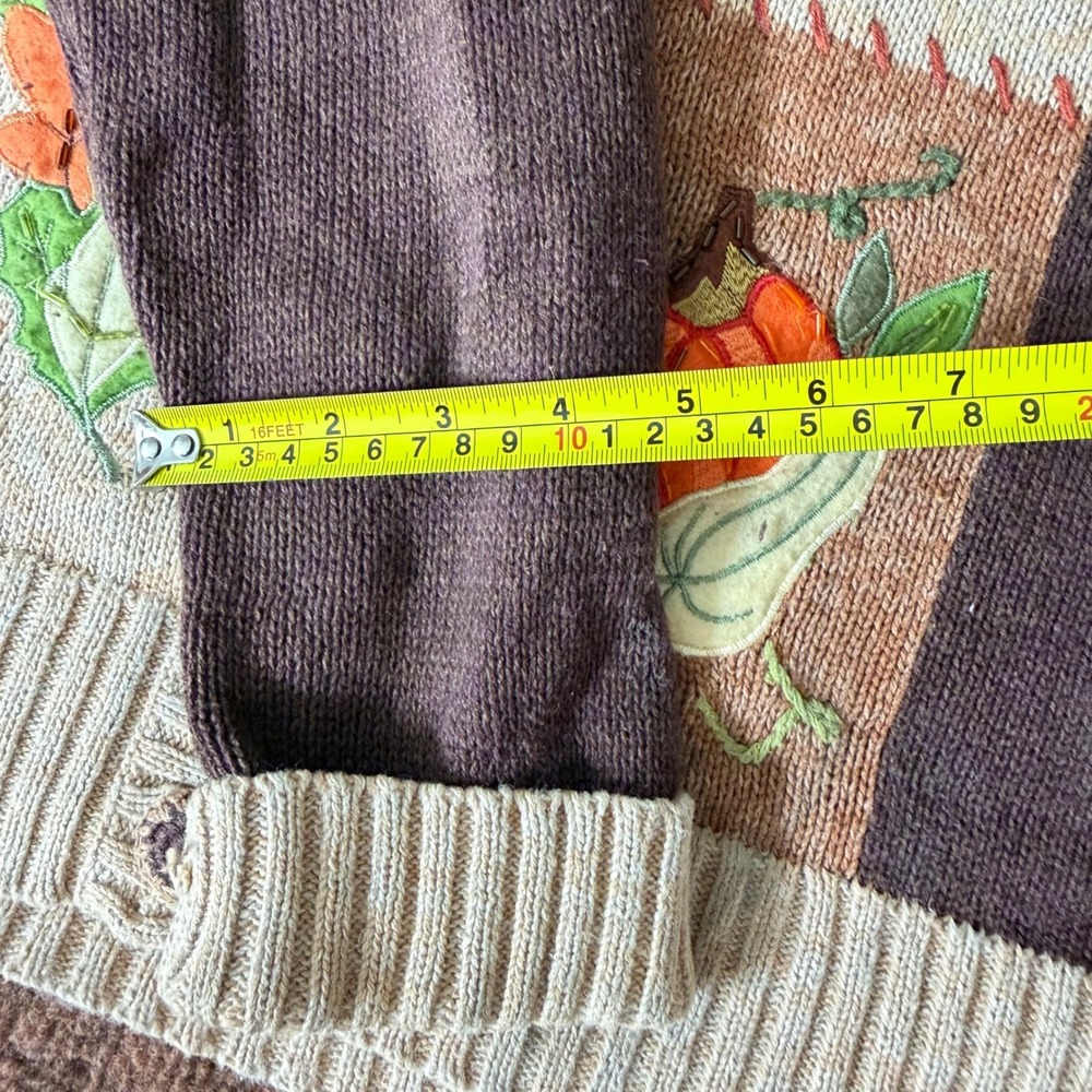 Tiara International Fall Patchwork Cardigan Pumpkin Embroidered Sweater Brown L - Picture 10 of 10